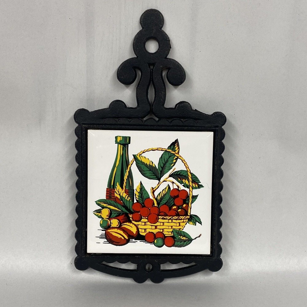 Vintage Cherry Fruit Basket Kitchen Tile Trivet Cast Iron Decor made In Japan